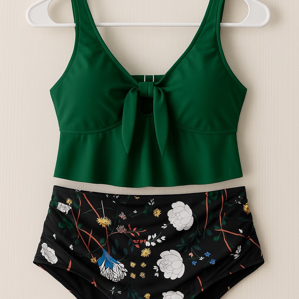 🌿 Hanna Nikole Olive Green Tankini Top & Floral High-Waist Bottoms - 16W - NWT